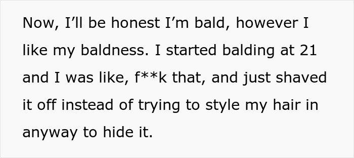 Screenshot of text discussing baldness and personal choice, related to coworker makeup question and online reactions.
