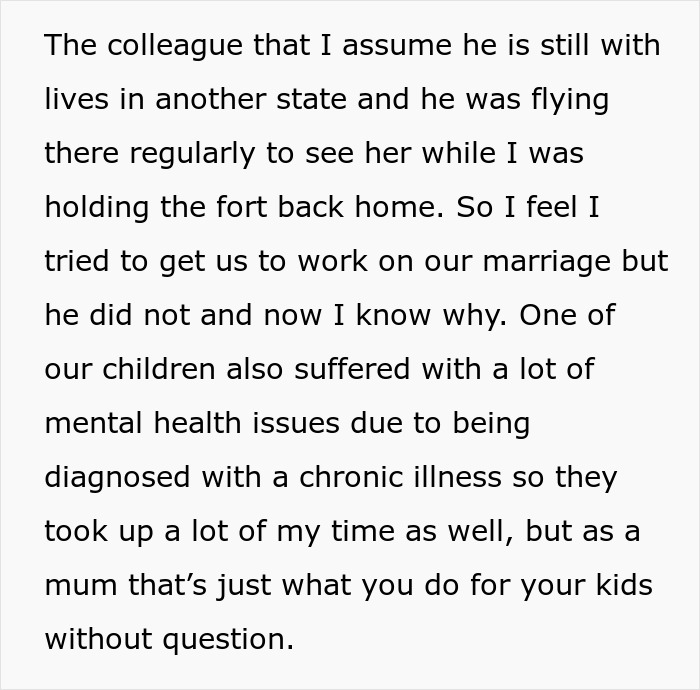 Text about man siding with daughter&rsquo;s cheating ex during divorce, highlighting family struggles and mental health issues.