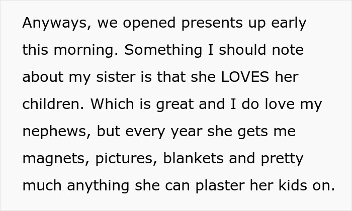 Text excerpt about a man trolling his sister who gifts kid&rsquo;s photos annually by giving a picture of his dog back.