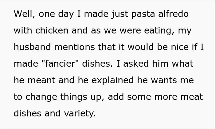 Text excerpt about a husband asking his wife to cook different dishes after not allowing new ingredients in their meals.