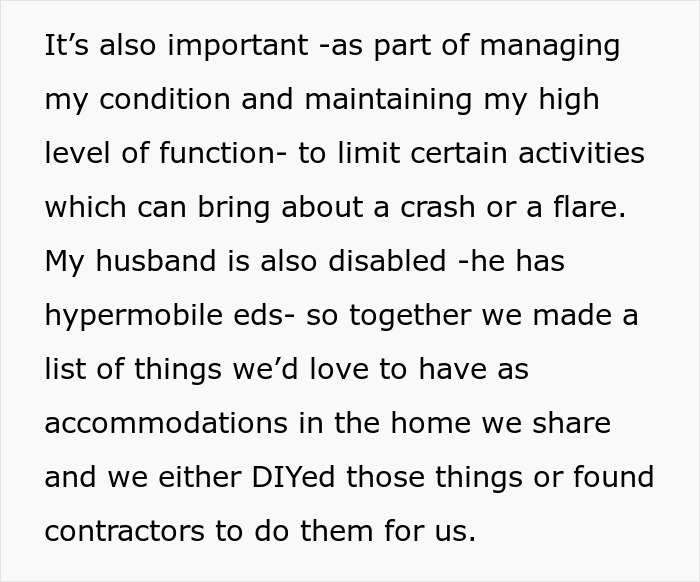 Text excerpt about managing a condition and home accommodations made by husband and wife with disabilities.