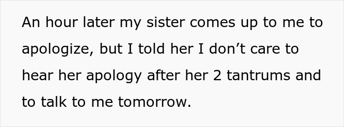 Text excerpt showing a woman refusing her sister's apology after two tantrums, highlighting no-contact after Thanksgiving.