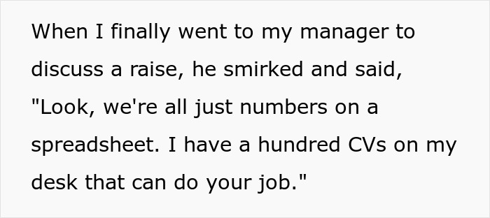 Text excerpt about a manager smirking and referring to employees as easily replaceable on spreadsheets.