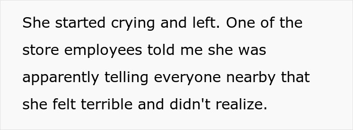 Text showing a description of a woman crying after being confronted about service dog fraud and then apologizing.
