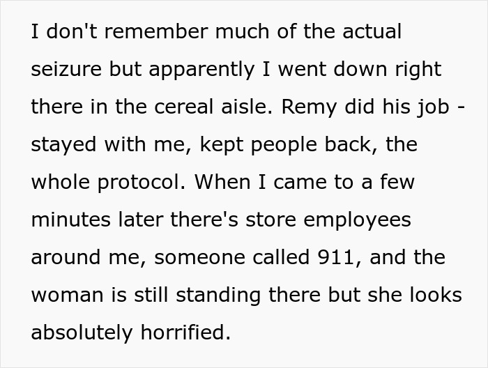 Text excerpt describing a store seizure incident involving a service dog keeping people back and a horrified woman nearby.