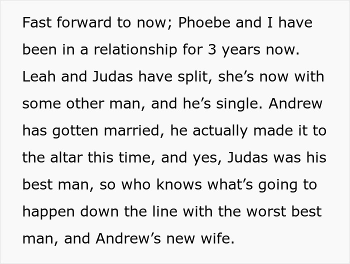 Text excerpt discussing a man&rsquo;s reflection on his ex-wife cheating with his best man and concerns about his girlfriend.