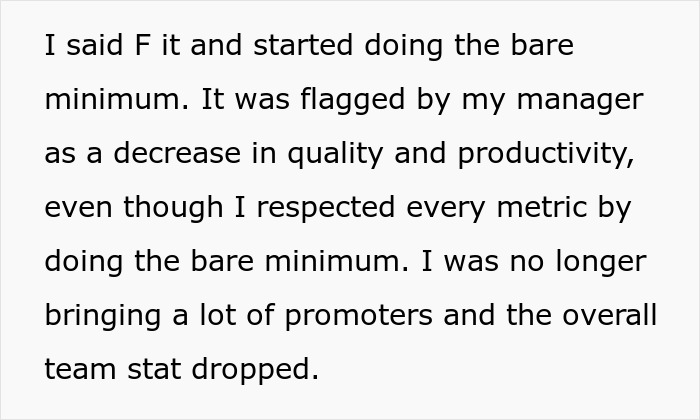 Text about employee doing the bare minimum and management flagging decreased quality and productivity concerns.
