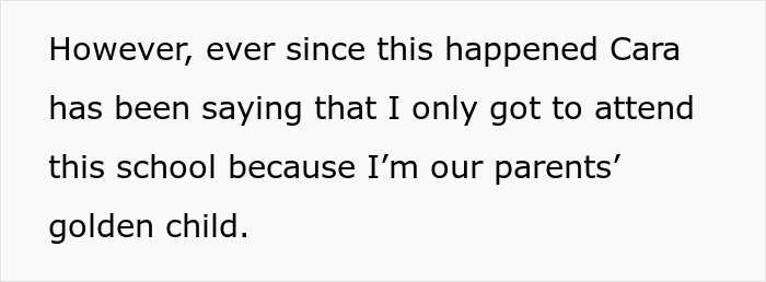 Text excerpt discussing a golden child feeling a reality check after sister&rsquo;s college acceptance achievement.