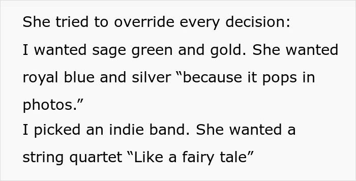 Text excerpt from a story about a MIL trying to be the center of attention during wedding and conflicting outfit choices.