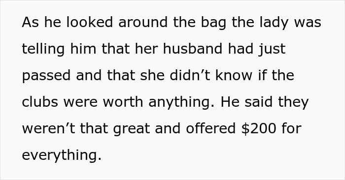 Widow&rsquo;s late hubby&rsquo;s golf clubs undervalued by rich guy, stranger intervenes to prevent rip off and protect her.