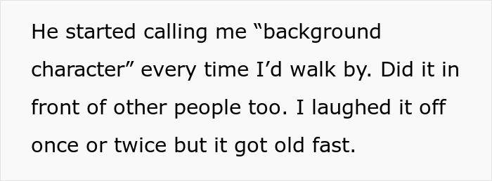 Text excerpt showing workplace quiet gossip and drama about being called a background character in front of others.