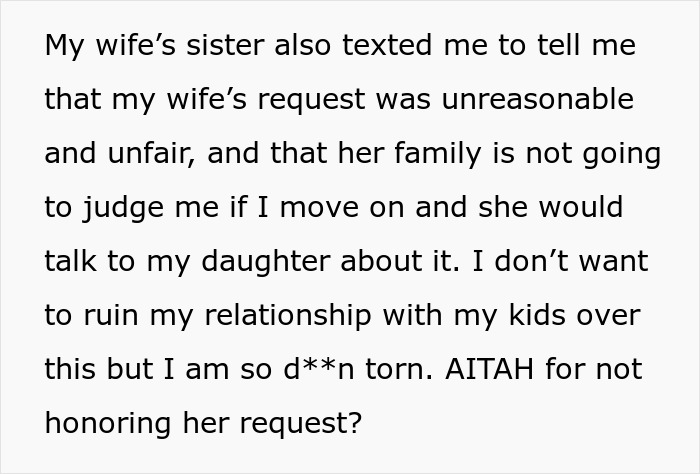 Text message discussing dying wife&rsquo;s request not to date after she&rsquo;s gone, daughter calling husband a cheater.