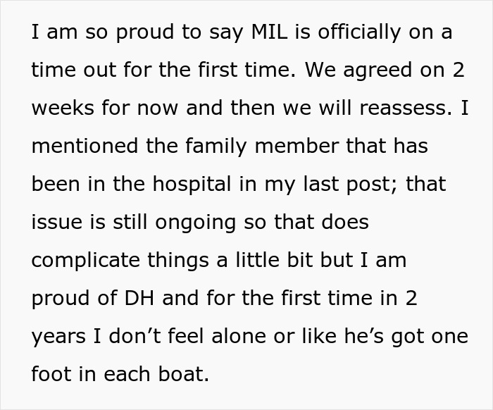 Text post about a new mom confronting MIL and setting boundaries amid ongoing family hospital issues.