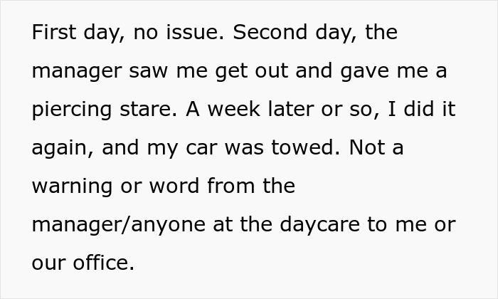 Text describing a greedy daycare manager towing a guy&rsquo;s car, leading to chaos in the parking lot.
