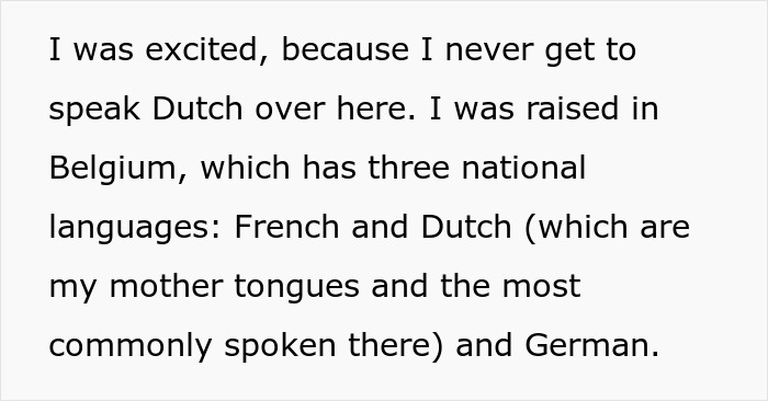 Text about a woman speaking Dutch to a new colleague, embarrassing her by claiming to know the language well.