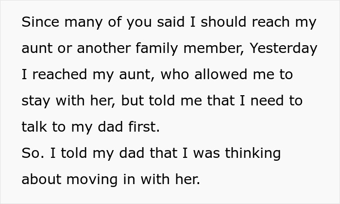 Text discussing family relationships and the need to consult dad before moving in, highlighting stepmother control issues. Text discussing family relationships and the need to consult dad before moving in, highlighting stepmother control issues.