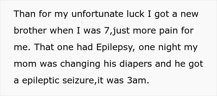 Text describing the sibling of autistic and epileptic brothers facing years of neglect and parental salary demands.