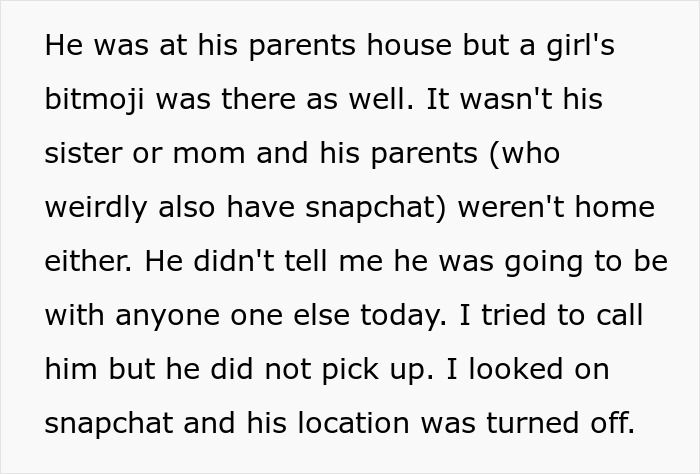 Text excerpt showing a man announces to everyone except his girlfriend about their breakup, with Snapchat and location details.