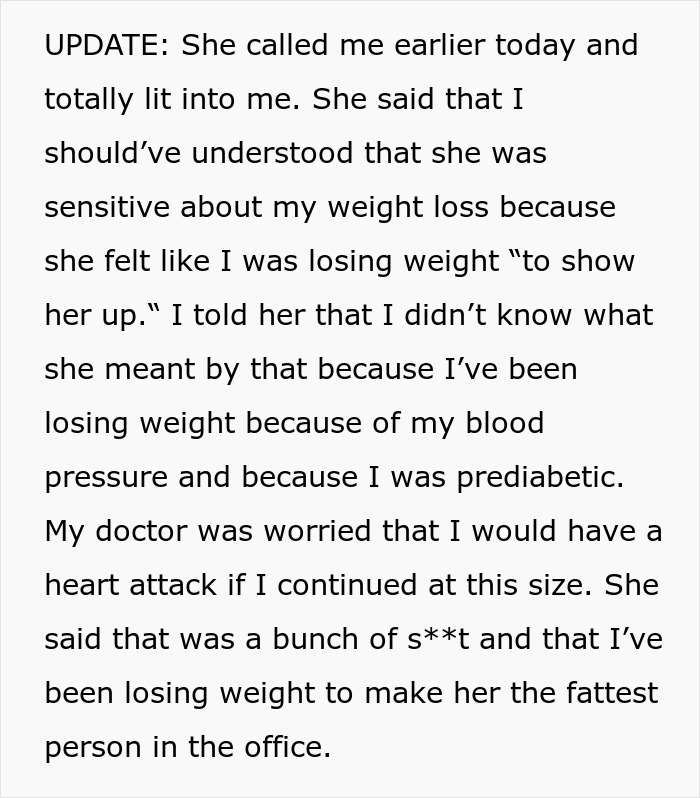 Text excerpt discussing a woman losing weight and coworker accusing her of losing weight to show her up. Text excerpt discussing a woman losing weight and coworker accusing her of losing weight to show her up.