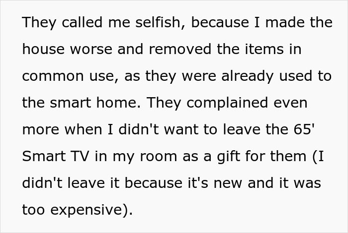 Text about parents kicking out daughter from remodeled room, with daughter removing smart home items in response.