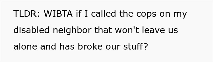Text message about considering calling cops on disabled neighbor’s son who repeatedly raids trash and causes trouble. Text message about considering calling cops on disabled neighbor’s son who repeatedly raids trash and causes trouble.
