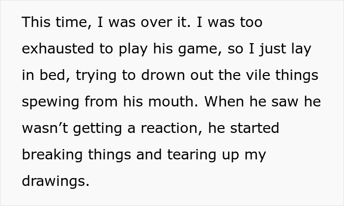 Alt text: Woman exhausted in bed as boyfriend destroys her drawings, showing chaos and emotional damage from a destroyed jewelry box.