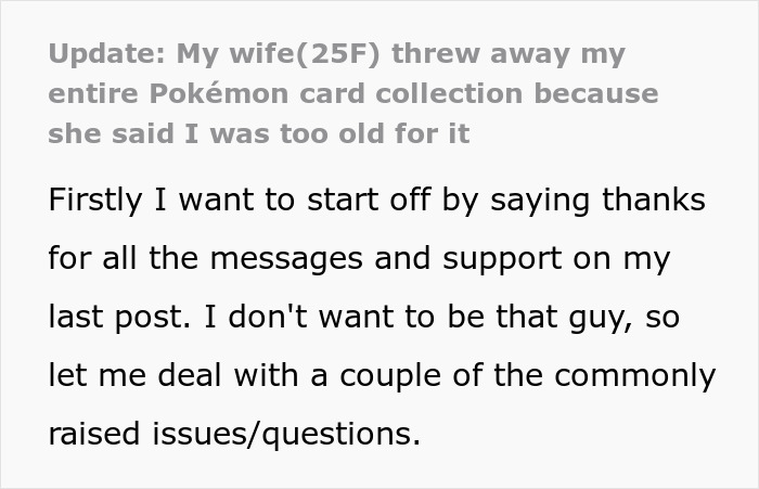 Text post about wife throwing away husband's Pok&eacute;mon card collection, sparking relationship and Pok&eacute;mon card controversy.