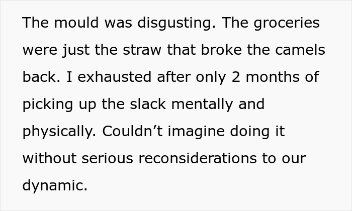 Text excerpt showing a woman explaining exhaustion from unfair chores, relating to being called a gold digger.