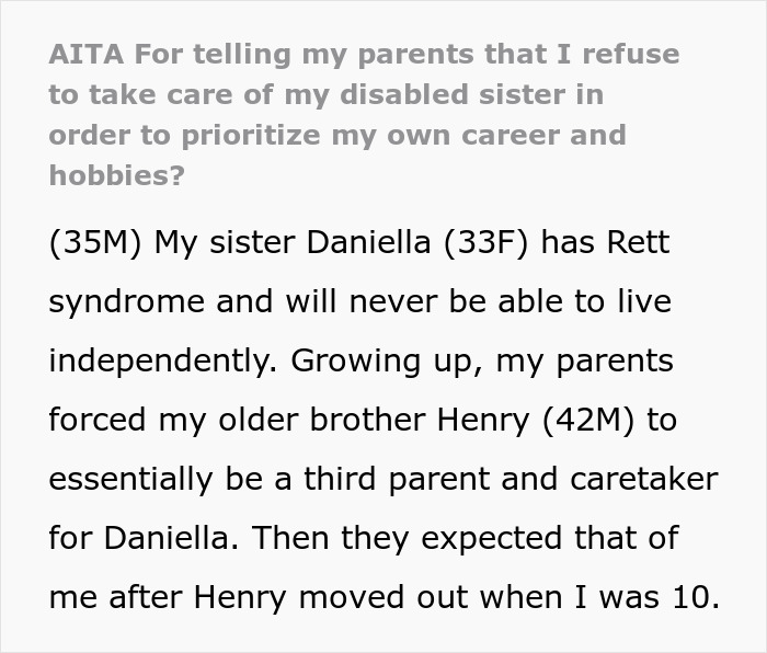 Text excerpt discussing family conflict over refusing care for disabled sister, highlighting ableist accusations and caregiving challenges. Text excerpt discussing family conflict over refusing care for disabled sister, highlighting ableist accusations and caregiving challenges.