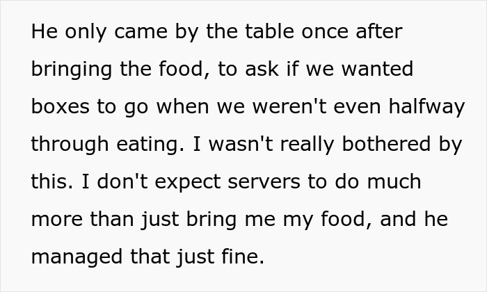 Text excerpt from a story where a waiter assumed 40 change was a tip, only checking on customers once after serving food. Text excerpt from a story where a waiter assumed 40 change was a tip, only checking on customers once after serving food.