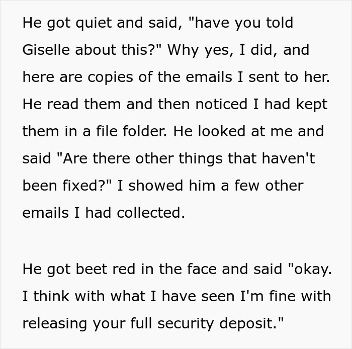 Tenant shares email evidence with on-site landlord, highlighting unresolved issues before rent doubled and deposit was released.