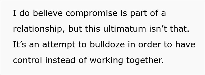 Text discussing compromise in relationships and how ultimatums affect control, related to GF not wanting BF trip with female friend.