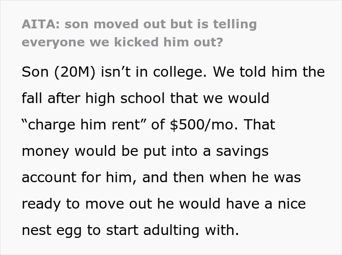 Text post about a 20-year-old mooching off parents who kick him out after he steals $3K from them.