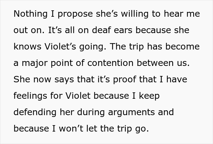 Text discussing a couple's conflict over a trip with a female friend causing the boyfriend to reconsider the relationship.