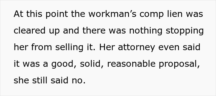 Text about workman&rsquo;s comp lien cleared, attorney&rsquo;s proposal refused by grieving daughter focused on financial ruin.