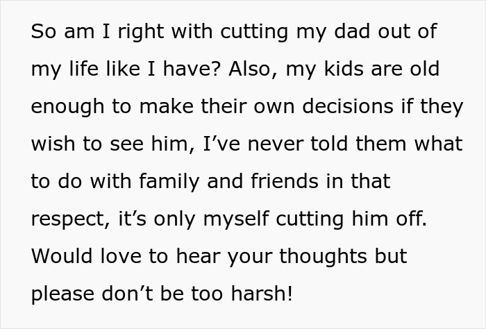 Text message from daughter explaining cutting her dad out of her life, relating to man siding with daughter&rsquo;s cheating ex.