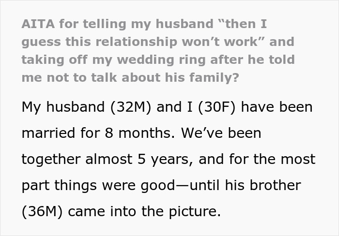 Text excerpt about wife taking off wedding ring after family sides with creepy brother-in-law, causing relationship issues.
