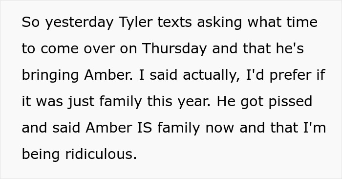 Text conversation showing a man setting boundaries when bro's girlfriend mocks his wife during Thanksgiving family plans.