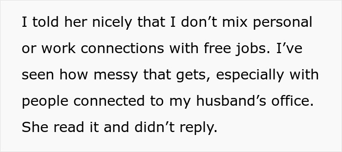 Text message explaining refusal to film husband&rsquo;s coworker&rsquo;s wedding for free, citing mixing personal and work issues.