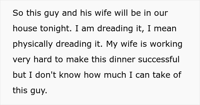 Text expressing dread about an obnoxious dinner guest husband visiting despite wife's efforts for a successful dinner.