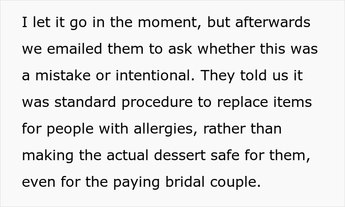 Text discussing wedding vendors' procedure to replace dessert items for allergy sufferers instead of making the dessert safe.