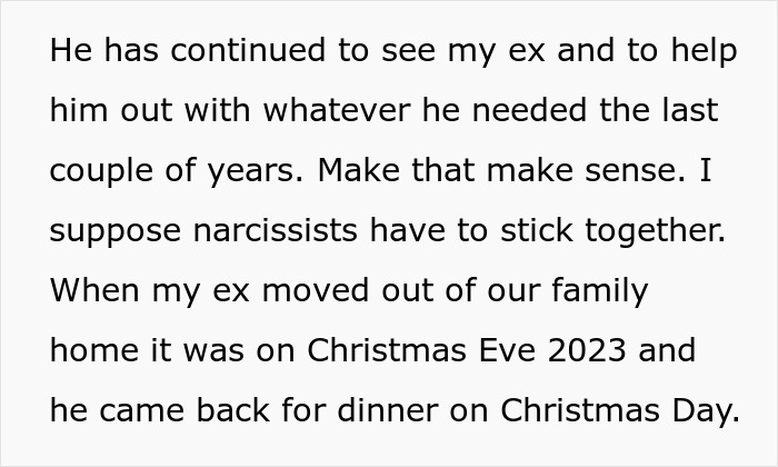 Text excerpt describing man siding with daughter's cheating ex during divorce, revealing family conflict and support issues.