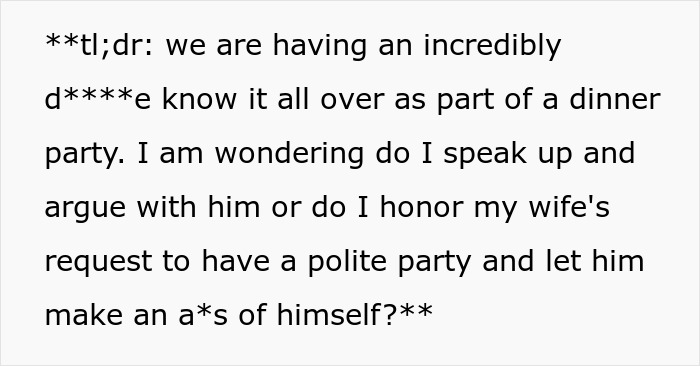 Text excerpt about an obnoxious dinner guest husband causing tension during a dreadful dinner party discussion.