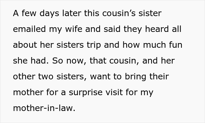 Text excerpt about wife&rsquo;s distant relatives planning a surprise visit, highlighting husband&rsquo;s frustration hosting them.