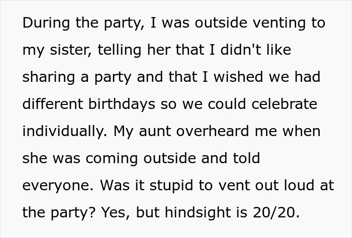 Teen venting about sharing a birthday with grandma overheard by aunt, sparking unexpected drama at family party.