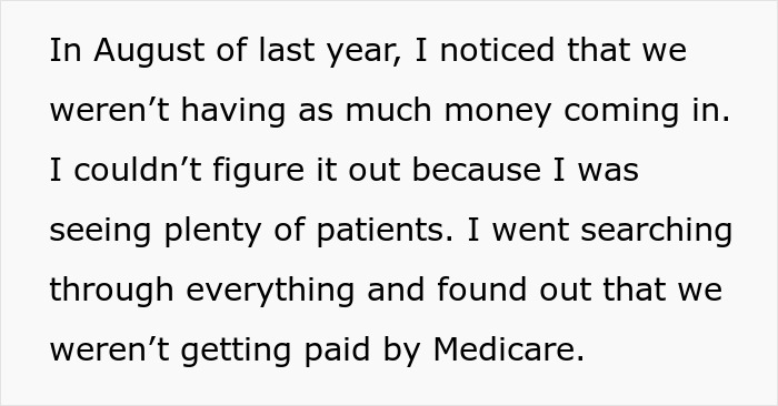 Text from a doctor explaining financial issues and refusal to rehire sister after losing $40,000 at medical practice.