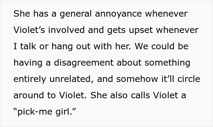 Text discussing girlfriend's annoyance about boyfriend's female friend and relationship reconsideration due to trip conflict.