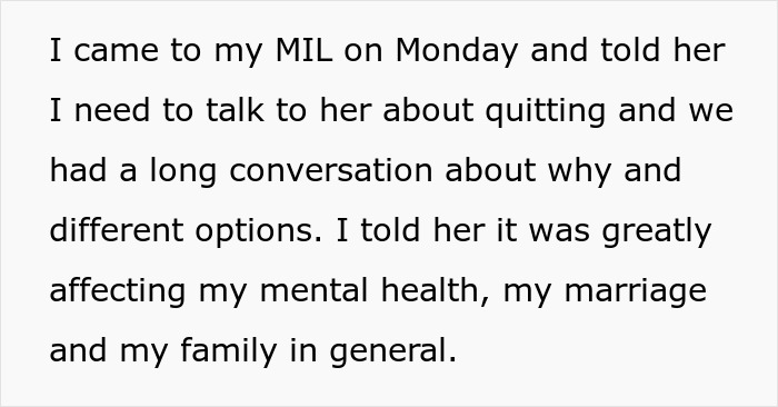 Text showing a conversation about quitting affecting mental health, marriage, and family, highlighting parents&rsquo; guilt-tripping behavior.