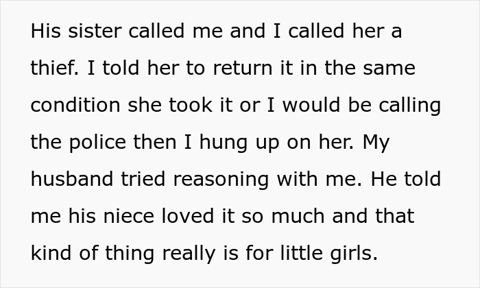 Text excerpt showing a heated family argument about a stolen tea set given to a niece, causing marriage issues.