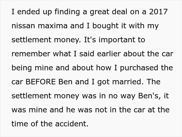Woman uses car accident settlement money to buy 2017 Nissan Maxima before marriage, causing issues with husband&rsquo;s ex.